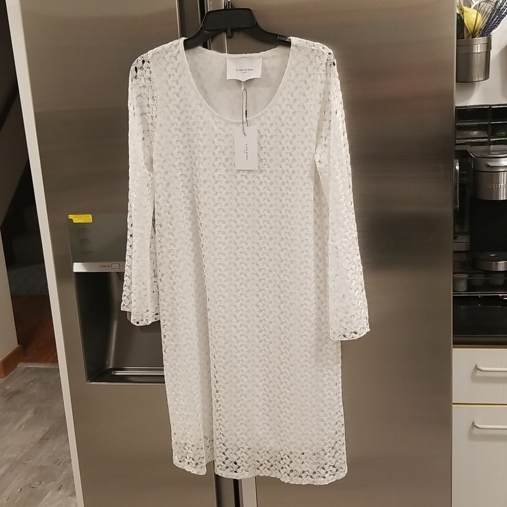 💕LE CLAIR DE LUNE PARIS💕 French Lace Silk Long Sleeve Dress ~ White NWT